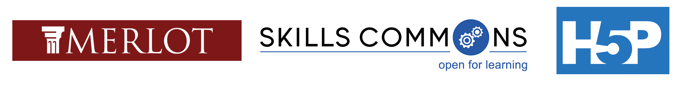 MERLOT logoSkillsCommons LogoH5P logo